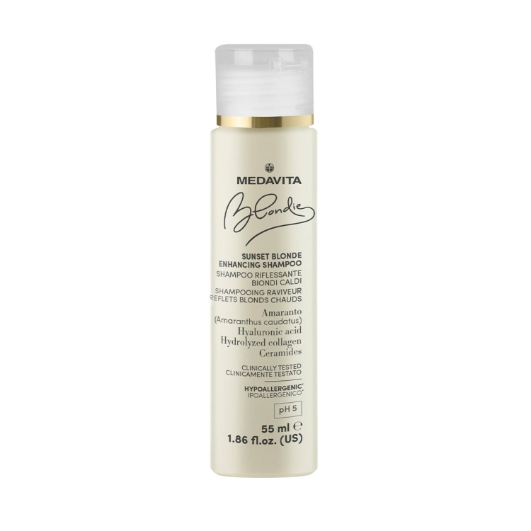 Medavita Blondie Sunset Blonde Enhancing Shampoo profesjonalny szampon ożywiający miodowe i ciepłe odcienie blond wersja podróżna 55ml