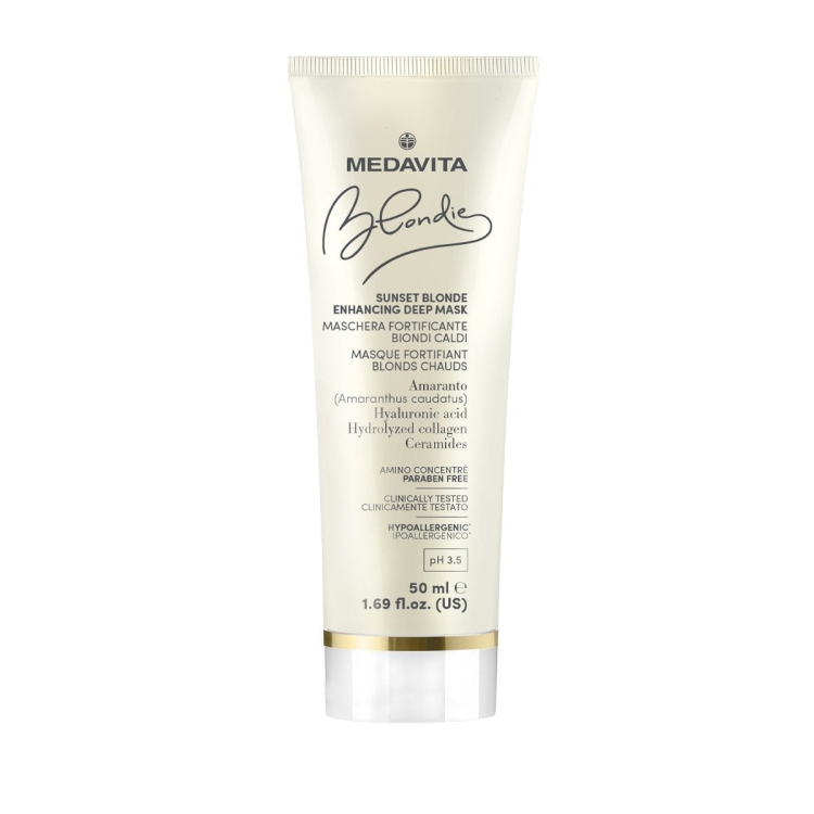 Medavita Blondie Sunset Blonde Enhancing Deep Mask profesjonalna głęboko odbudowująca maska ożywiająca miodowe i ciepłe odcienie blond wersja podróżna 50ml