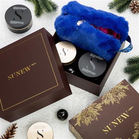 SunewMed+ Brown Christmas Set 2025 – zestaw prezentowy pod oczy dzień i noc + balsam + kosmetyczka
