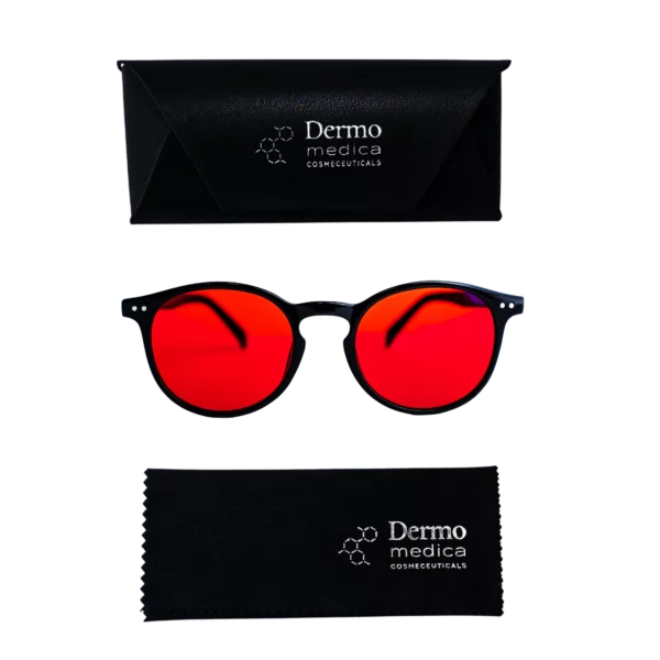 Dermomedica Red Challenge – okulary z czerwonymi soczewkami blokujące światło niebieskie HEV i wspierające sen