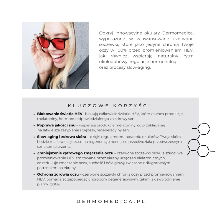 Dermomedica Red Basic – okulary z czerwonymi soczewkami blokujące światło niebieskie HEV i wspierające sen