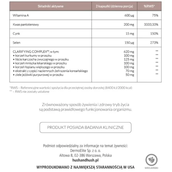 Hush &amp; Hush SkinCapsule CLEAR+ Suplement na Trądzik Wegański Wsparcie Skóry 60 kapsułek