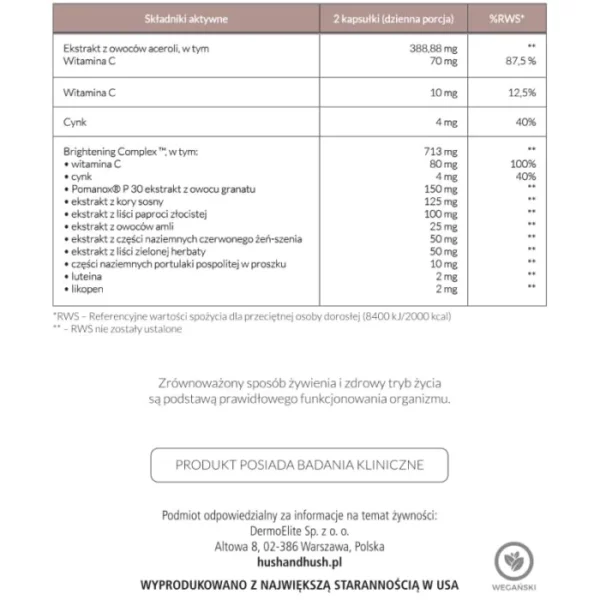 Hush &amp; Hush SkinCapsule BRIGHTEN+ Suplement na Przebarwienia Wegański Rozjaśnienie Skóry 60 kapsułek