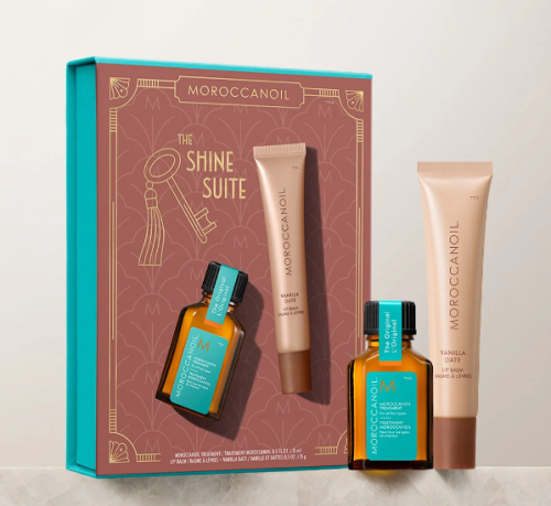 Moroccanoil The Shine Suite Vanilla Date – zestaw prezentowy z balsamem koloryzującym do ust i kuracją do włosów 2 × 15 ml
