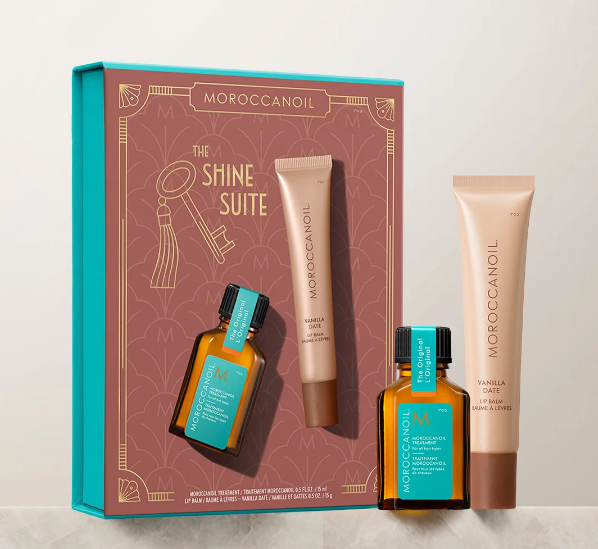 Moroccanoil The Shine Suite Vanilla Date – zestaw prezentowy z balsamem koloryzującym do ust i kuracją do włosów 2 × 15 ml