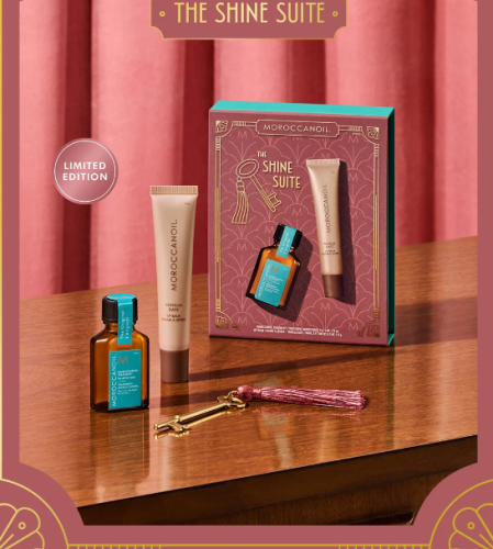 Moroccanoil The Shine Suite Vanilla Date – zestaw prezentowy z balsamem koloryzującym do ust i kuracją do włosów 2 × 15 ml