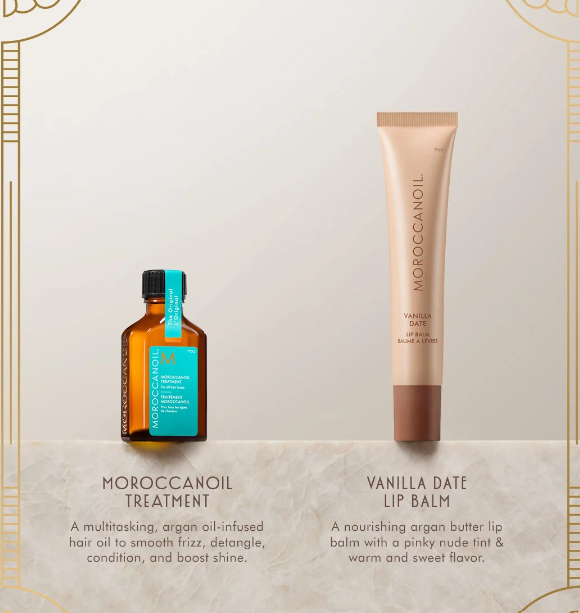 Moroccanoil The Shine Suite Vanilla Date – zestaw prezentowy z balsamem koloryzującym do ust i kuracją do włosów 2 × 15 ml