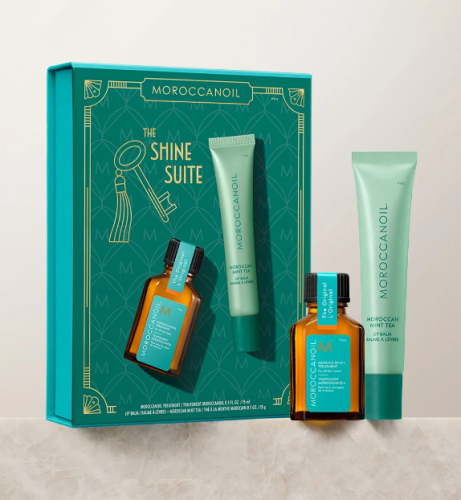 Moroccanoil The Shine Suite Moroccan Mint Tea – zestaw prezentowy z miętowym balsamem do ust i kuracją do włosów 2 × 15 ml