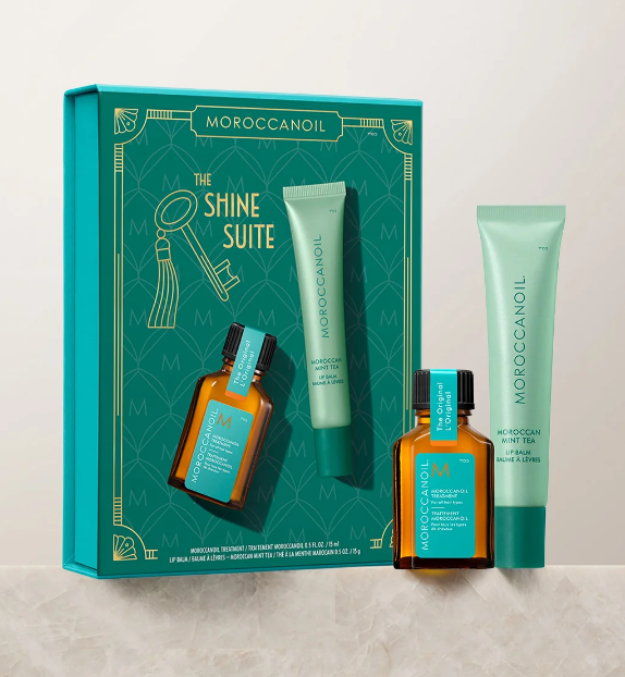 Moroccanoil The Shine Suite Moroccan Mint Tea – zestaw prezentowy z miętowym balsamem do ust i kuracją do włosów 2 × 15 ml