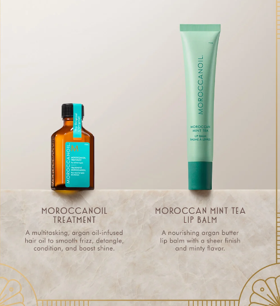 Moroccanoil The Shine Suite Moroccan Mint Tea – zestaw prezentowy z miętowym balsamem do ust i kuracją do włosów 2 × 15 ml