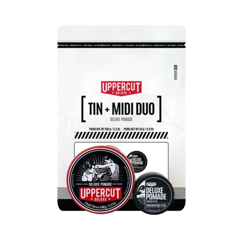 Uppercut Deluxe Tin Duo Deluxe Pomade 100 g + 30 g – zestaw prezentowy z pomadą do włosów, mocne utrwalenie i połysk