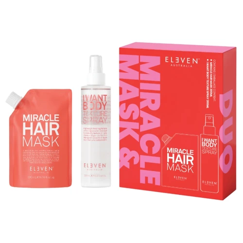 Eleven Australia Miracle &amp; Texture Duo 2 × 200 ml – zestaw do regeneracji, nawilżenia i stylizacji włosów - Maska Miracle Hair Mask + spray I Want Body Texture