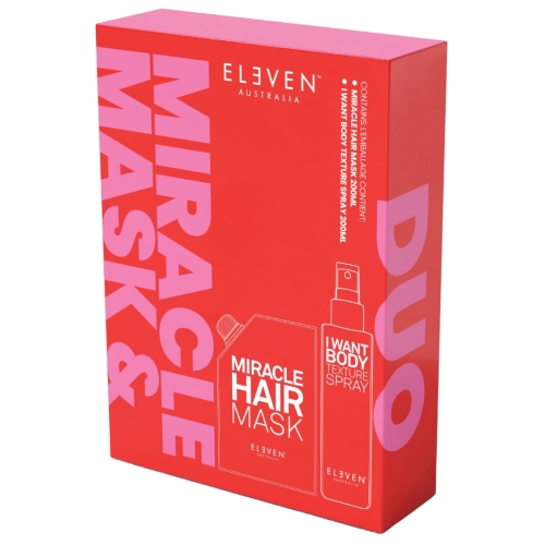 Eleven Australia Miracle &amp; Texture Duo 2 × 200 ml – zestaw do regeneracji, nawilżenia i stylizacji włosów - Maska Miracle Hair Mask + spray I Want Body Texture