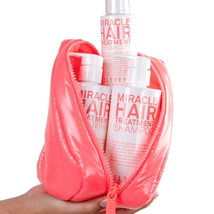 ELEVEN Australia Cloud Holiday Miracle Trio – zestaw nawilżający do włosów suchych z kwasem hialuronowym 300 ml + 300 ml + 125 ml z kosmetyczką Cloud Bag