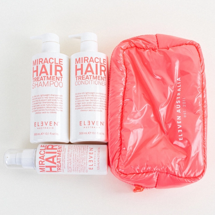 ELEVEN Australia Cloud Holiday Miracle Trio – zestaw nawilżający do włosów suchych z kwasem hialuronowym 300 ml + 300 ml + 125 ml z kosmetyczką Cloud Bag