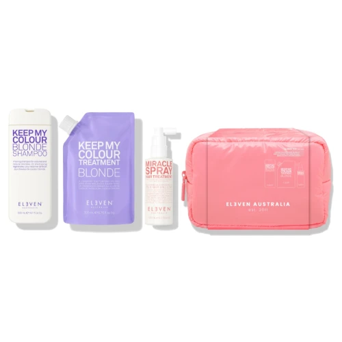 ELEVEN Australia Cloud Holiday Blonde Trio – zestaw do włosów blond neutralizujący żółte tony 300 ml + 300 ml + 125 ml z kosmetyczką Cloud Bag