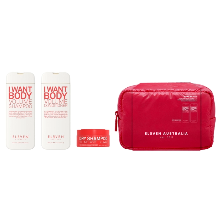 ELEVEN Australia Cloud Holiday Volume Trio – zestaw zwiększający objętość włosów cienkich i delikatnych z szamponem odżywką pastą stylizującą i kosmetyczką Cloud Bag