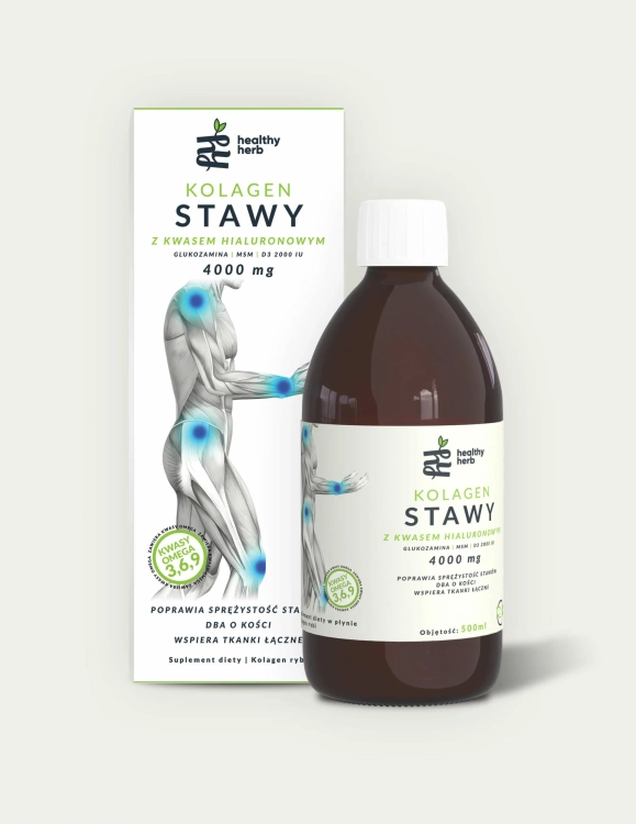 Healthy Herb Kolagen STAWY 4000 mg 500 ml – kolagen rybi w płynie z glukozaminą MSM wapniem witaminą D3 i kwasem hialuronowym