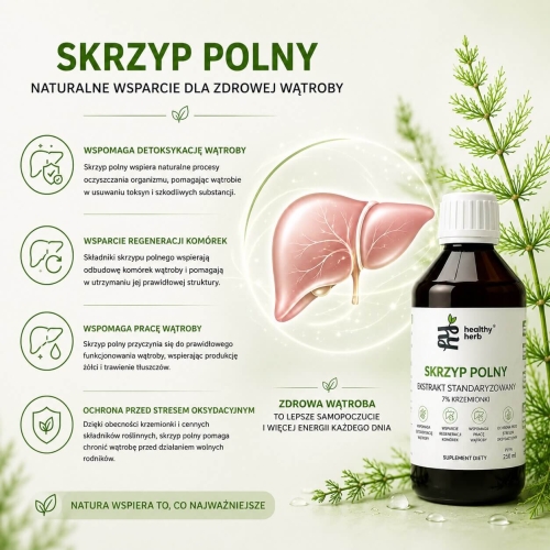 Healthy Herb Skrzyp Polny 250 ml – ekstrakt 4:1 standaryzowany na 7% krzemionki 70 mg z sokiem malinowym