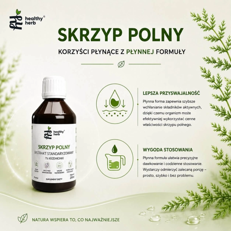 Healthy Herb Skrzyp Polny 250 ml – ekstrakt 4:1 standaryzowany na 7% krzemionki 70 mg z sokiem malinowym
