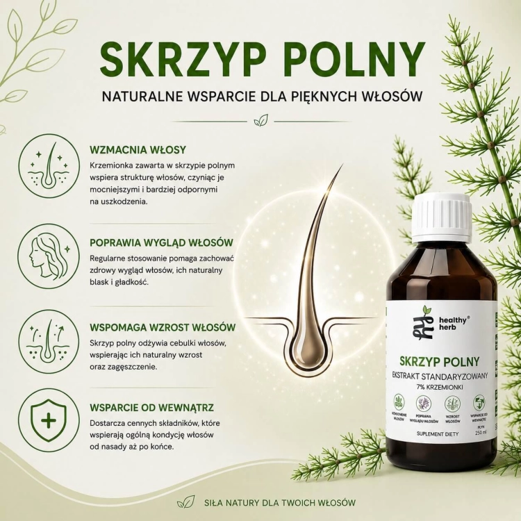 Healthy Herb Skrzyp Polny 250 ml – ekstrakt 4:1 standaryzowany na 7% krzemionki 70 mg z sokiem malinowym