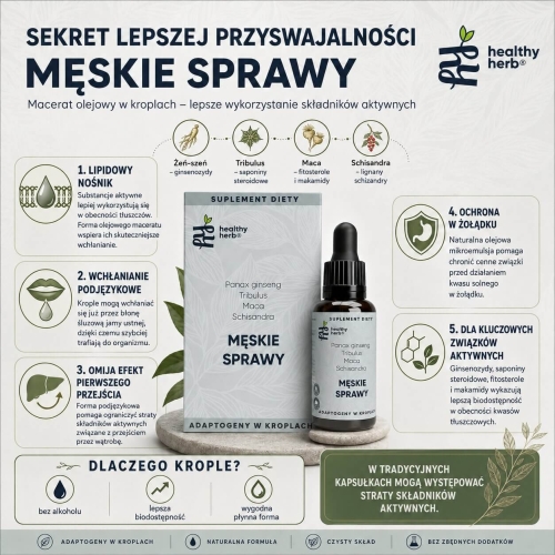 Healthy Herb Męskie Sprawy 30 ml – adaptogeny dla mężczyzn z żeń-szeniem koreańskim Tribulus maca i cytryńcem chińskim